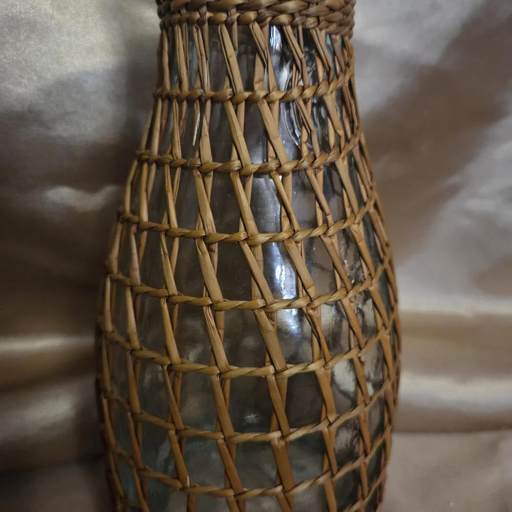 Vintage Boho Rattan Wicker Wrapped Glass Carafe Vase 10